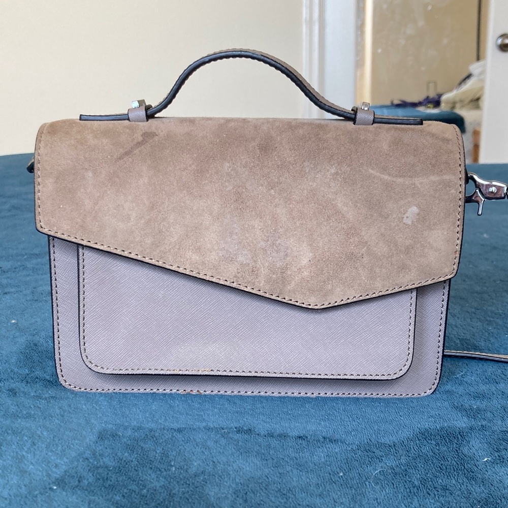 Botkier cobble hill crossbody flap bag in Taupe saffiano leather suede